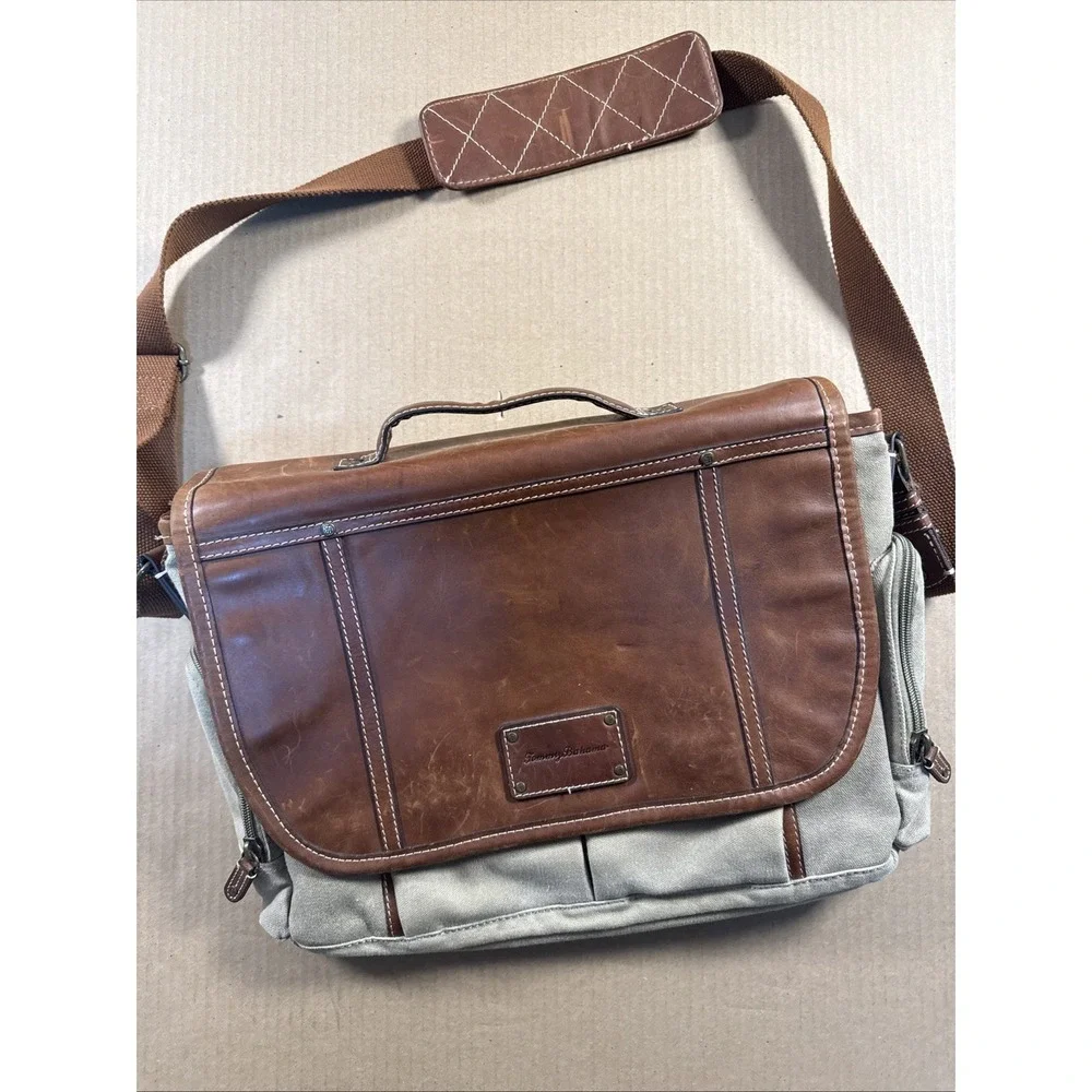 Tommy Bahama Canvas & Leather Messenger Bag | Brown Tan Laptop Travel